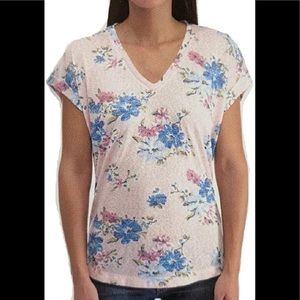 Bobeau Women's Printed French Terry V-Neck Tee, (Pink Floral, Large)